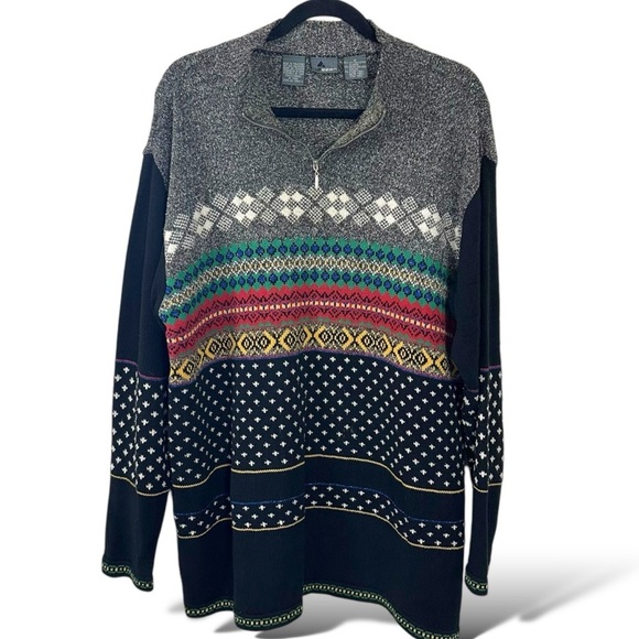 Vintage Sweaters - Vintage 90s Preppy Liz Claiborne Fair Isle Sweater Pullover Quarter Zip Medium